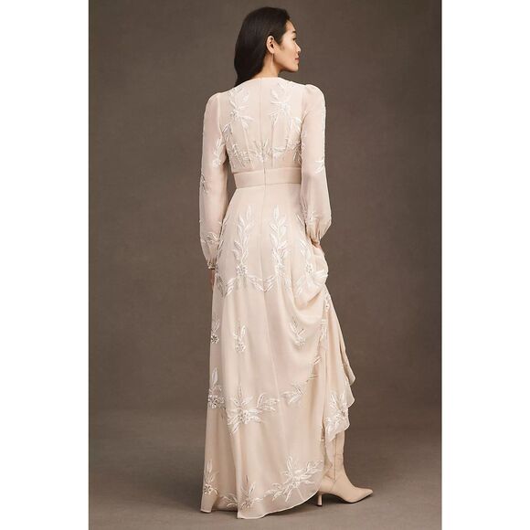 New Anthropologie BHLDN Belize Embroidered A-Line Long-Sleeve V-Neck Gown Sz 12 - Picture 2 of 10